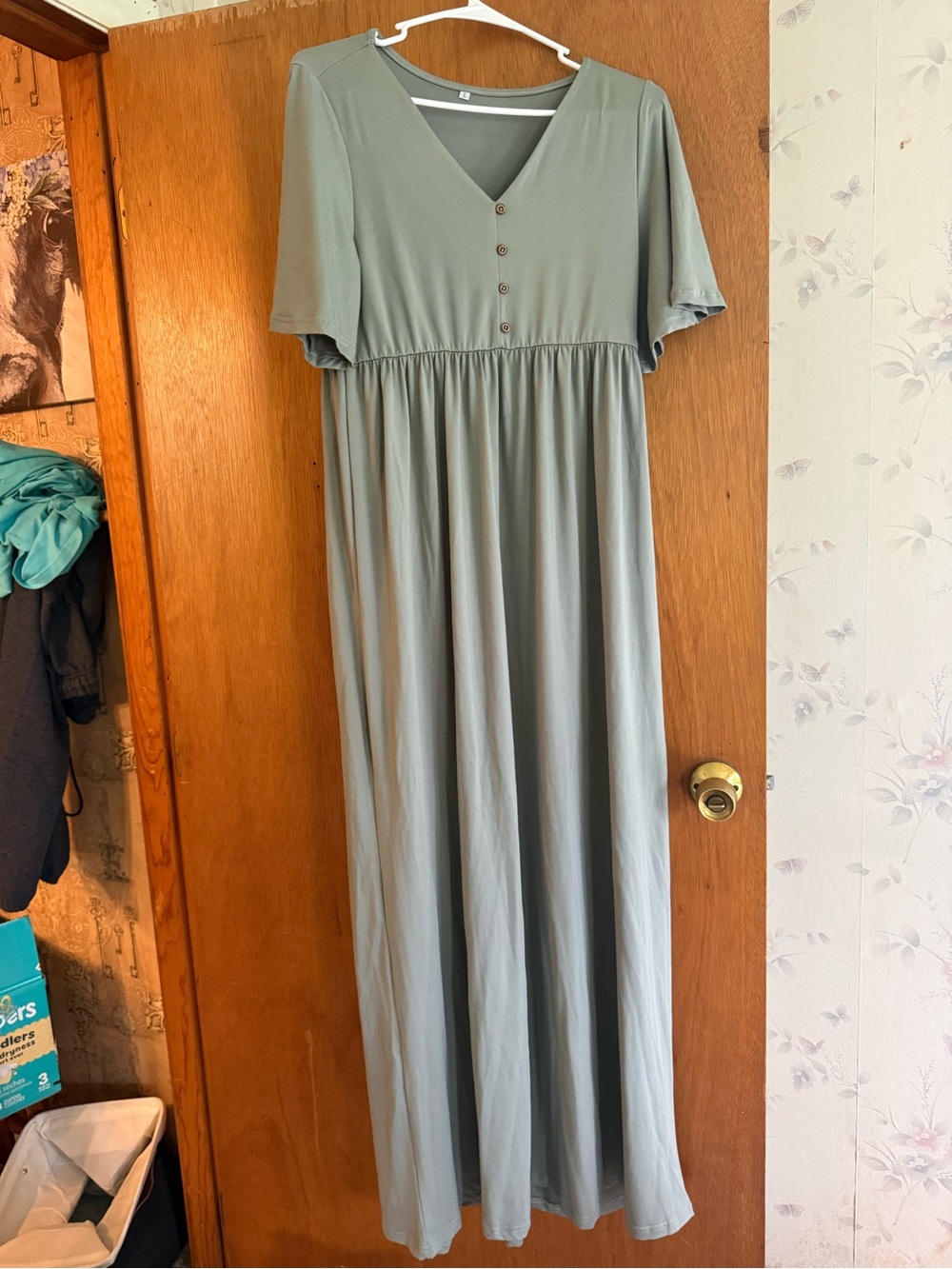 V-Neck Maxi Dress in Sage with Button Front